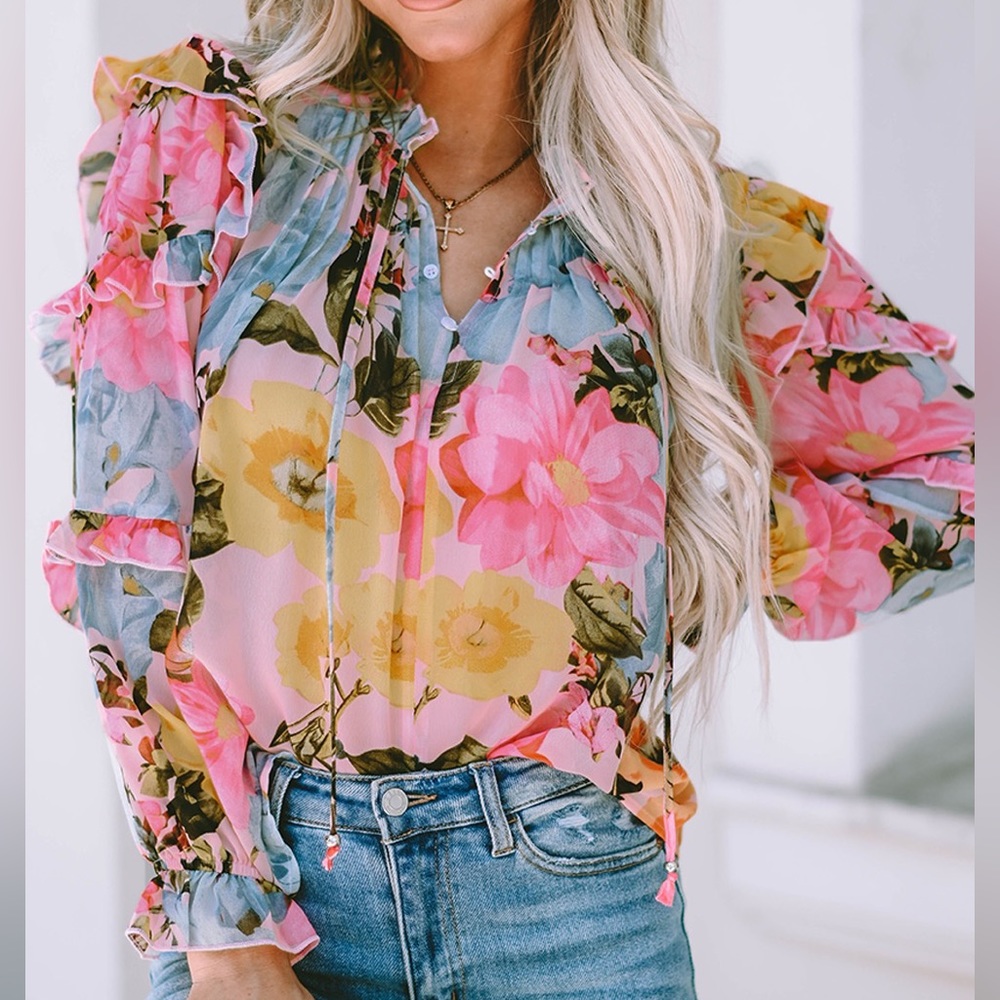 Pink Floral Print Tiered Ruffled Long Sleeve Top